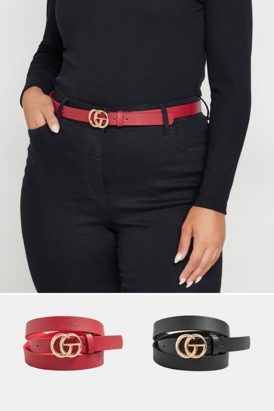  Tallas Grandes 2 PACK Black & Red Gold Buckle Belts