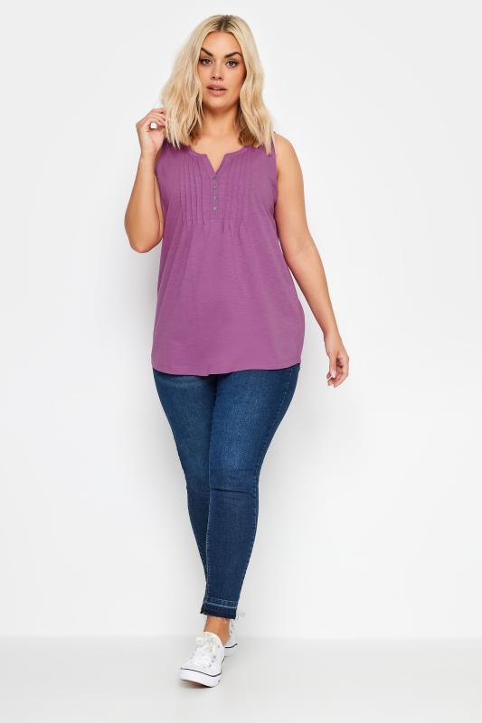 YOURS Plus Size Purple Pintuck Henley Vest Top | Yours Clothing 2