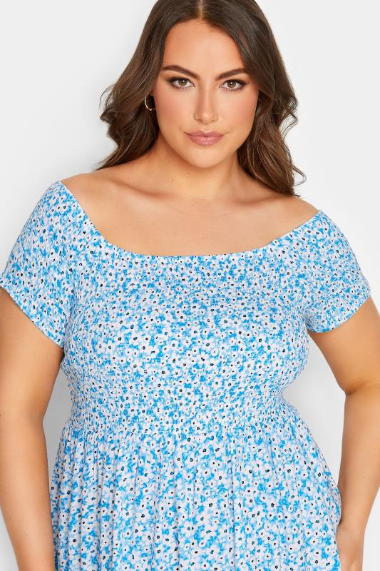 YOURS Plus Size Blue Ditsy Floral Bardot Midi Dress | Yours Clothing 4