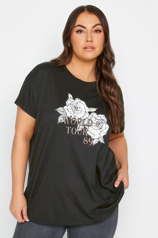 YOURS Plus Size Black 'World Tour' Rose Print T-Shirt | Yours Clothing 1