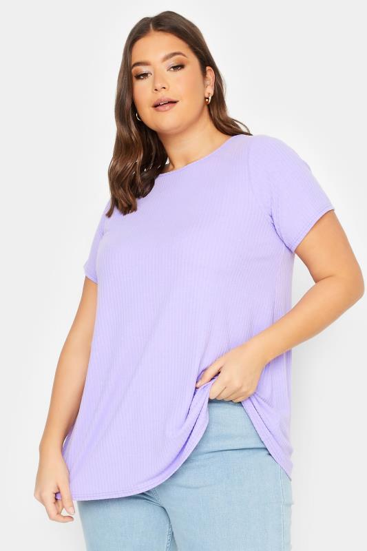 YOURS Curve Plus Size Lavender Purple Ribbed T-Shirt | Yours Clothing  1