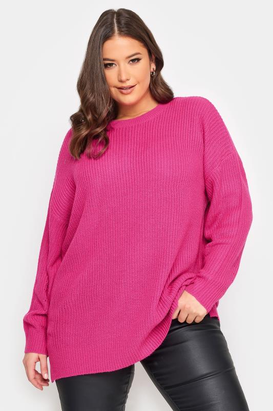 YOURS Plus Size Bright Pink Drop Shoulder Knitted Jumper | Yours Clothing 1