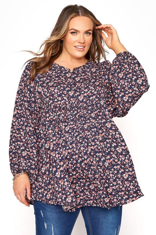 Plus Size  BUMP IT UP MATERNITY Curve Navy Blue Floral Balloon Sleeve Top