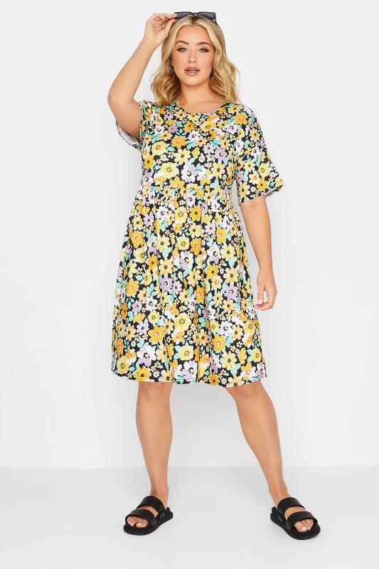YOURS PETITE Plus Size Yellow Floral Print Smock Dress | Yours Clothing 2