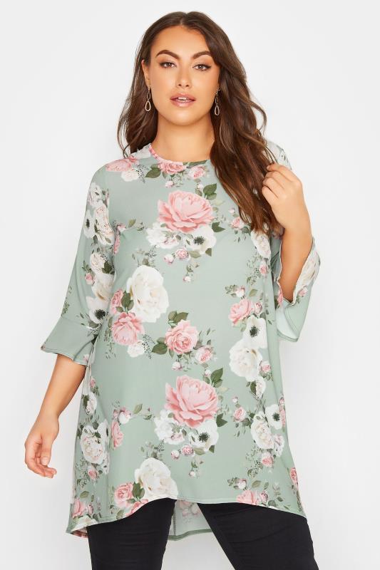 Plus Size  YOURS LONDON Curve Sage Green Floral Print Flute Sleeve Tunic Top