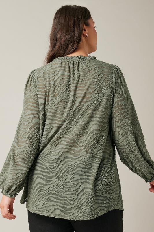 EVANS Plus Size Khaki Green Burnout Print Tie Neck Top | Evans 4