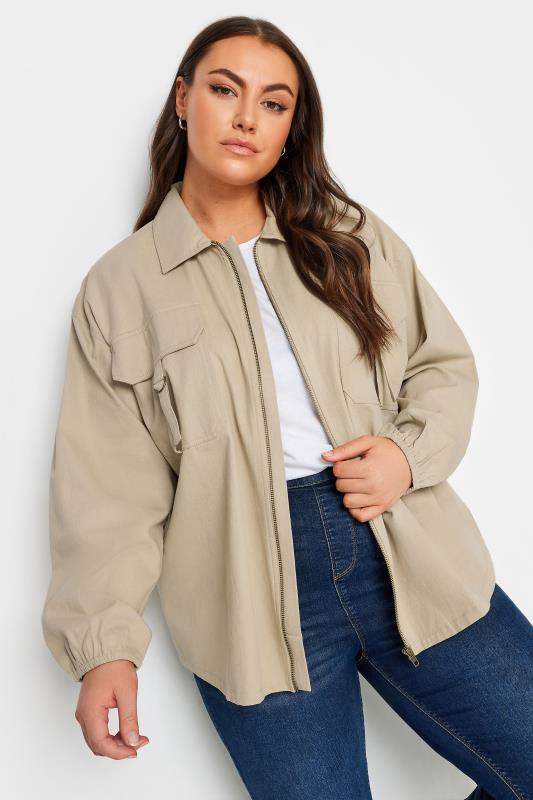 YOURS Plus Size Stone Brown Utility Bomber Jacket | Yours Clothing 4