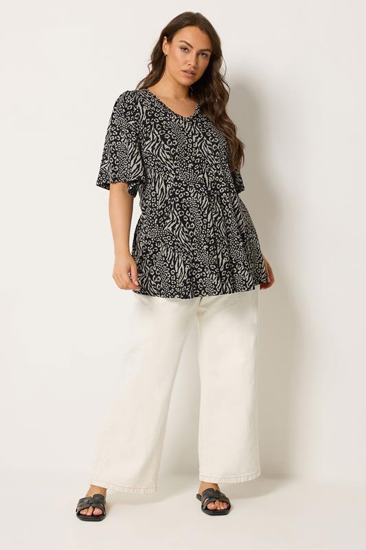 YOURS Plus Size Black Leopard Print Pleated Swing Top | Yours Clothing 1