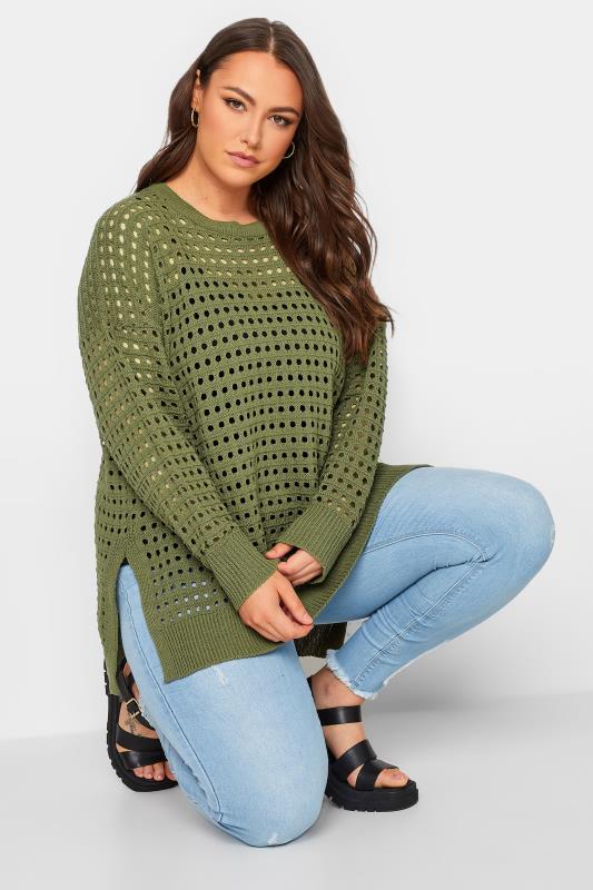 YOURS Plus Size Khaki Green Side Split Crochet Jumper | Yours Clothing 4