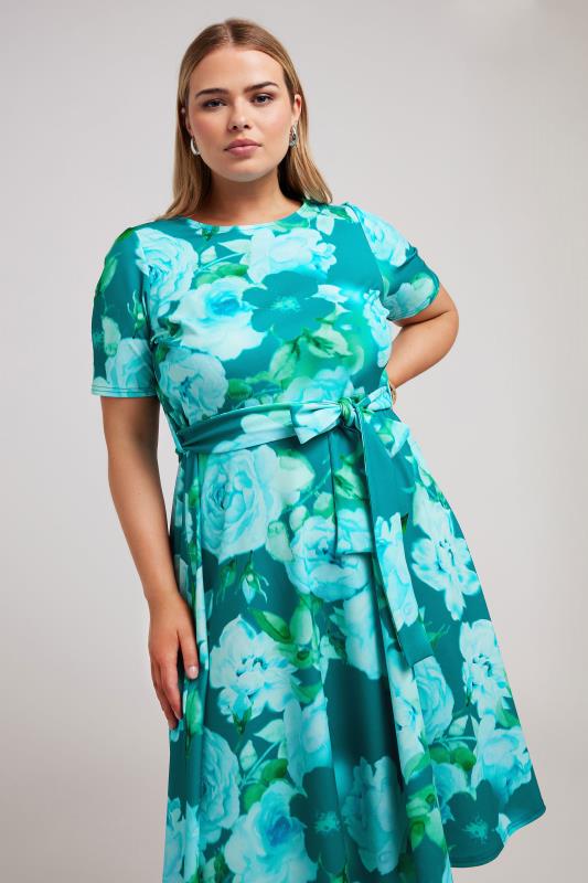 YOURS LONDON Plus Size Blue Floral Print Skater Dress | Yours Clothing 1