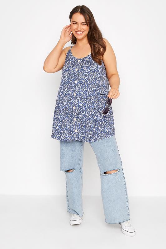Plus Size Blue Ditsy Print Button Through Cami Top | Yours Clothing  2