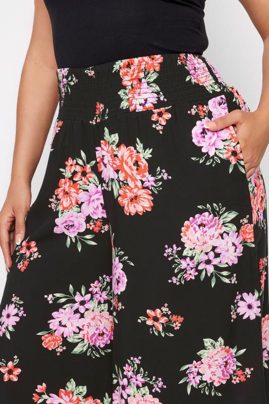 YOURS Plus Size Black Floral Bloom Print Shirred Wide Leg Trousers | Yours Clothing 4