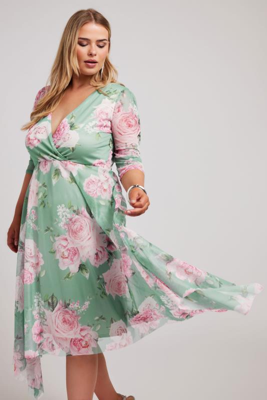 Plus Size  YOURS LONDON Curve Green Floral Print Hanky Hem Dress