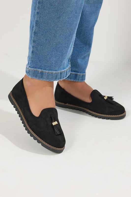  Mocassins à glands noirs en imitation daim, coupe large E