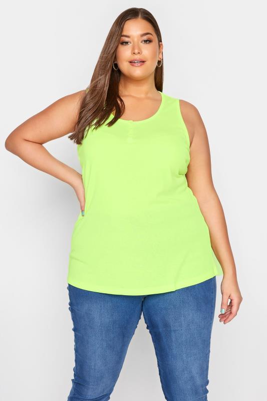 Plus Size YOURS FOR GOOD Neon Green Rib Button Detail Vest Top | Yours Clothing 1