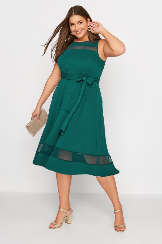 YOURS LONDON Plus Size Green Mesh Panel Skater Dress | Yours Clothing 2