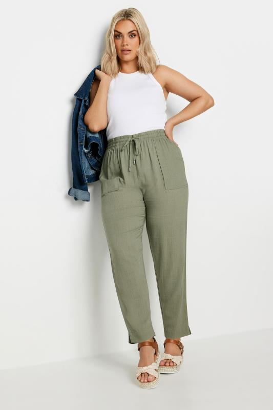 YOURS Plus Size Khaki Green Linen Trousers | Yours Clothing 3