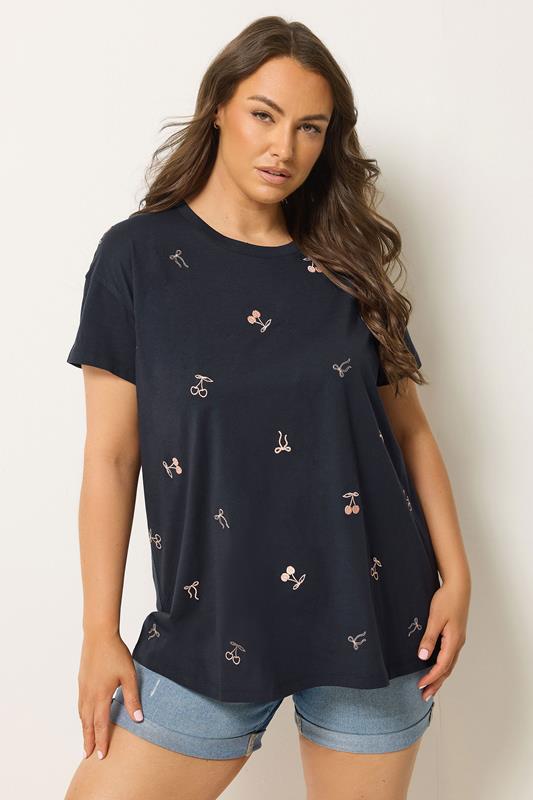  YOURS T-shirt bleu marine brodé de cerises