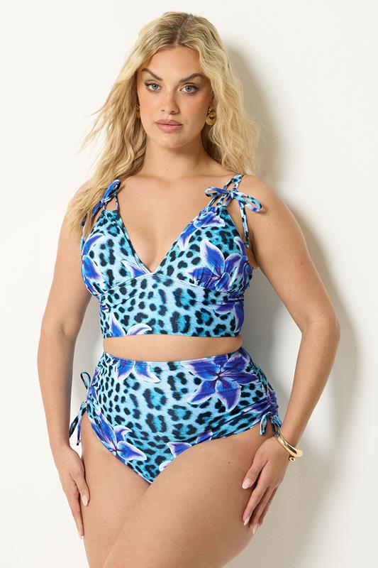 YOURS Plus Size Blue Animal High Waist Tummy Control Bikini Briefs | Yours Clothing 1