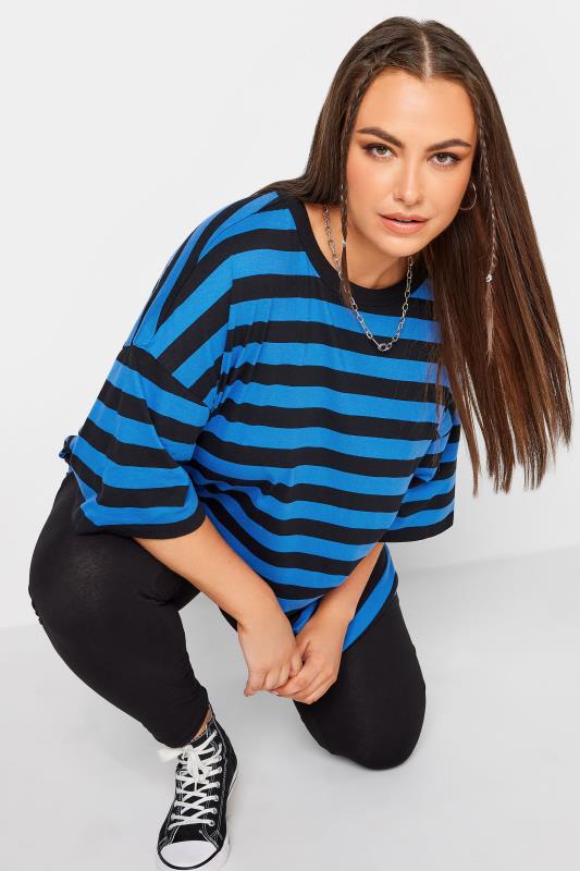 YOURS Plus Size Curve Blue Stripe Oversized Boxy T-Shirt | Yours Clothing  3