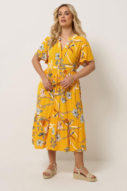 YOURS Plus Size Yellow Tropical Half Placket Dress | Yours Clothing 1