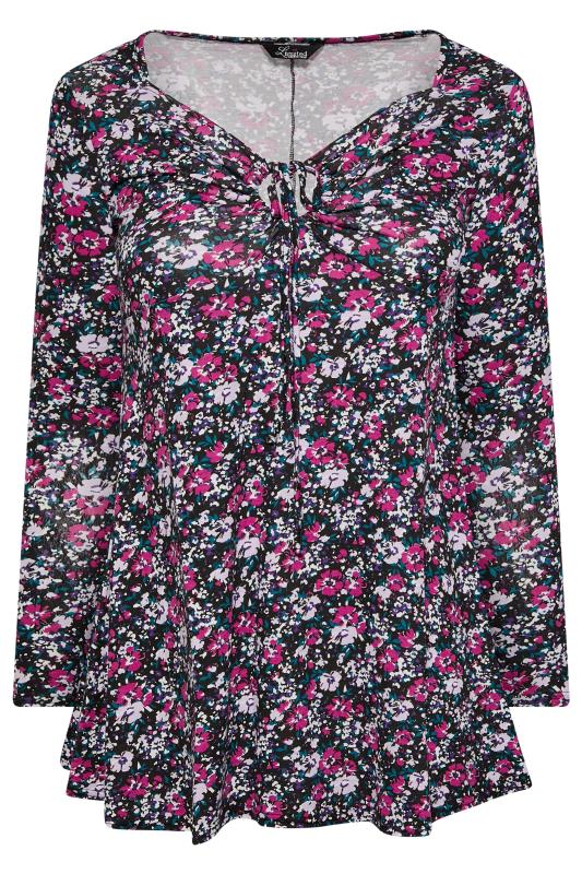 LIMITED COLLECTION Plus Size Black Floral Keyhole Tie Neckline Swing Top | Yours Clothing 7