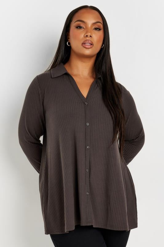 Plus Size  YOURS Curve Chocolate Brown Ribbed Collared Top