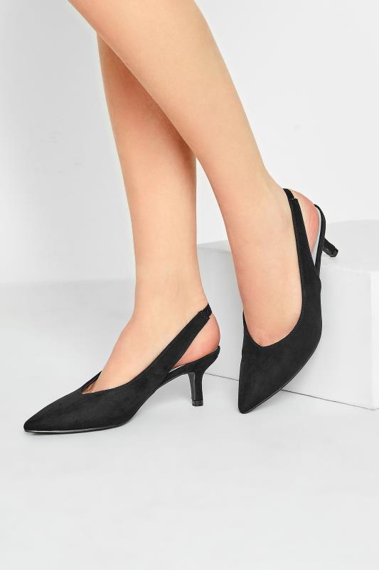 PixieGirl Black Slingback Kitten Heel Court Shoes In Standard Fit | PixieGirl 1