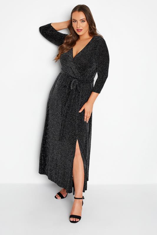 YOURS LONDON Plus Size Black & Silver Glitter Wrap Dress | Yours Clothing 2