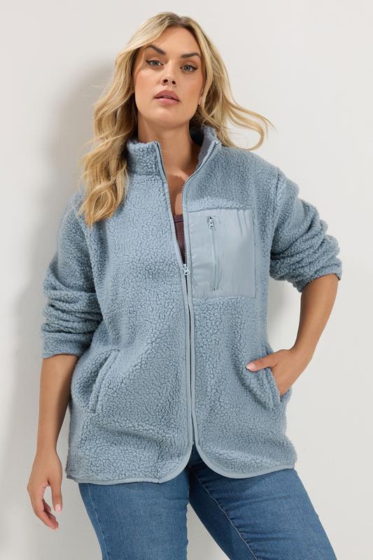 YOURS Curve Blue Teddy Borg Zip Through Fleece