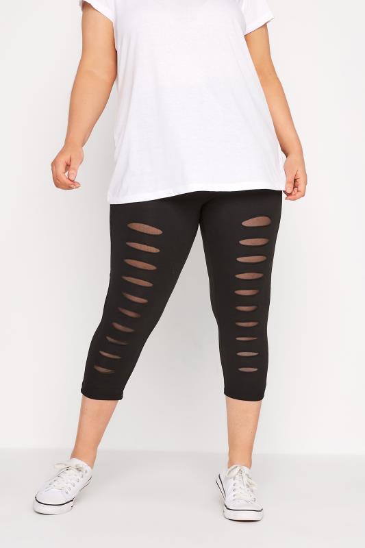  Grande Taille YOURS Curve Black Ripped Mesh Insert Stretch Cropped Leggings