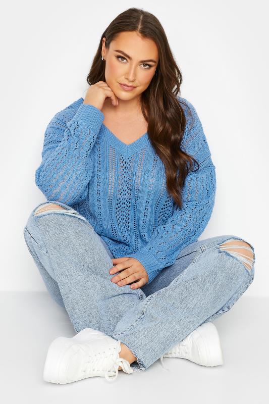 Curve Plus Size Blue V-Neck Knitted Stitch Jumper | Yours Clothing  2