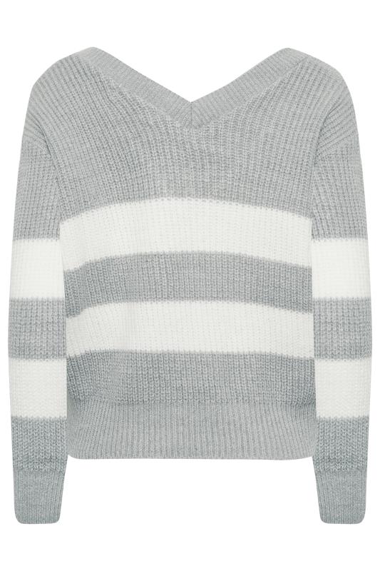 Petite Grey & White Stripe V-Neck Knitted Jumper | PixieGirl 7