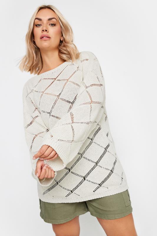 YOURS Plus Size White Ladder Stitch Jumper | Yours Clothing  2