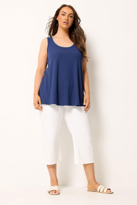 YOURS Plus Size Cobalt Blue Contrast Blanket Stitch Ribbed Vest Top | Yours Clothing 1
