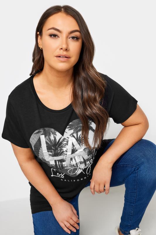 YOURS Plus Size Black Foil Print 'Los Angeles' Slogan T-Shirt | Yours Clothing 4