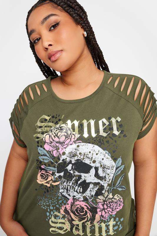 YOURS Plus Size Khaki Green Cut Out 'Sinner Saint' Slogan T-Shirt | Yours Clothing 4