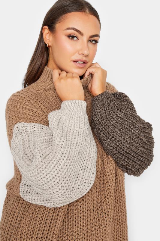 YOURS LUXURY Plus Size Beige Brown Colour Block Sleeve Jumper | Yours Clothing 2