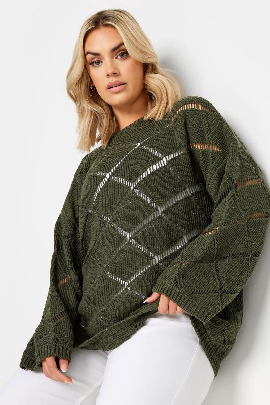 YOURS Plus Size Khaki Green Ladder Stitch Jumper | Yours Clothing  1