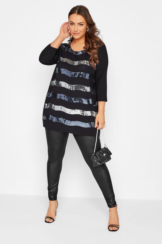 Plus Size Black Sequin Stripe Top | Yours Clothing 2