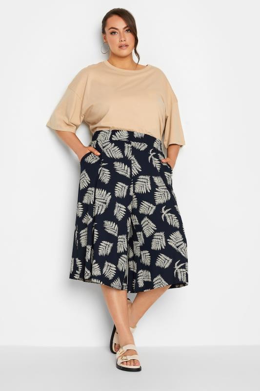 YOURS Plus Size Navy Blue Leaf Print Culottes | Yours Clothing 2