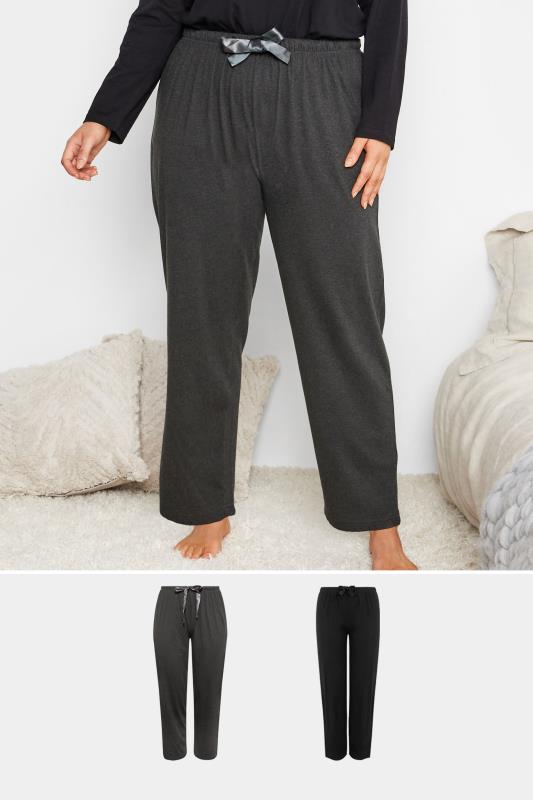 2 PACK Plus Size Black & Grey Wide Leg Pyjama Bottoms | Yours Clothing 1
