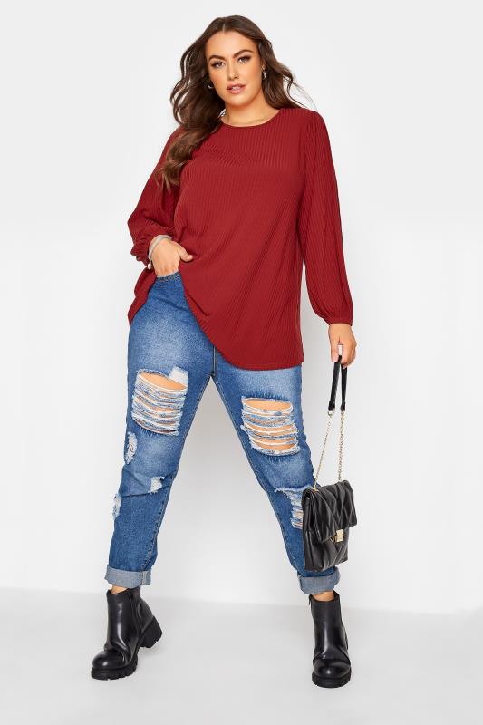 Plus Size LIMITED COLLECTION Red Balloon Sleeve Ribbed Top | Yours Clothing 2