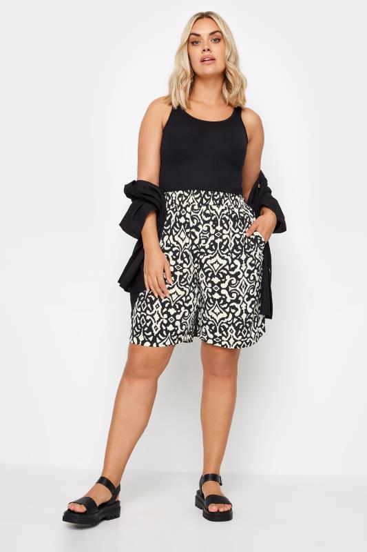 YOURS Plus Size Black Ikat Print Woven Shorts | Yours Clothing 2
