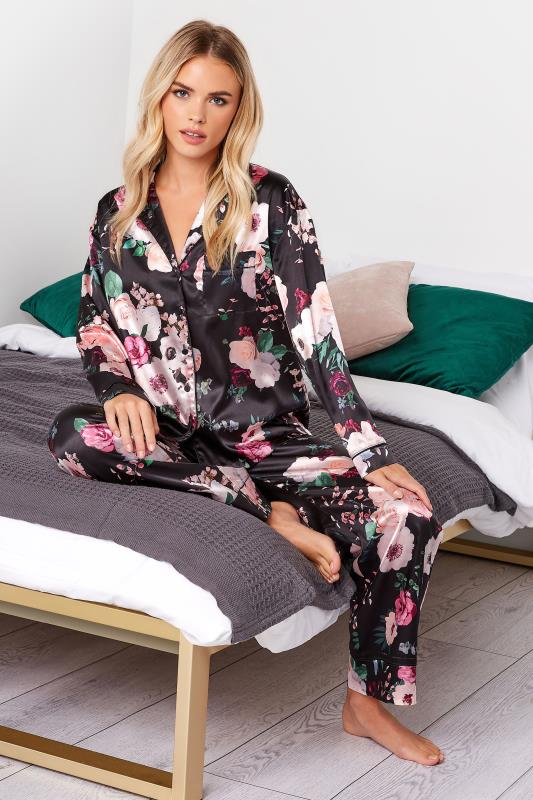 Petite Black Floral Satin Pyjama Set | PixieGirl 1