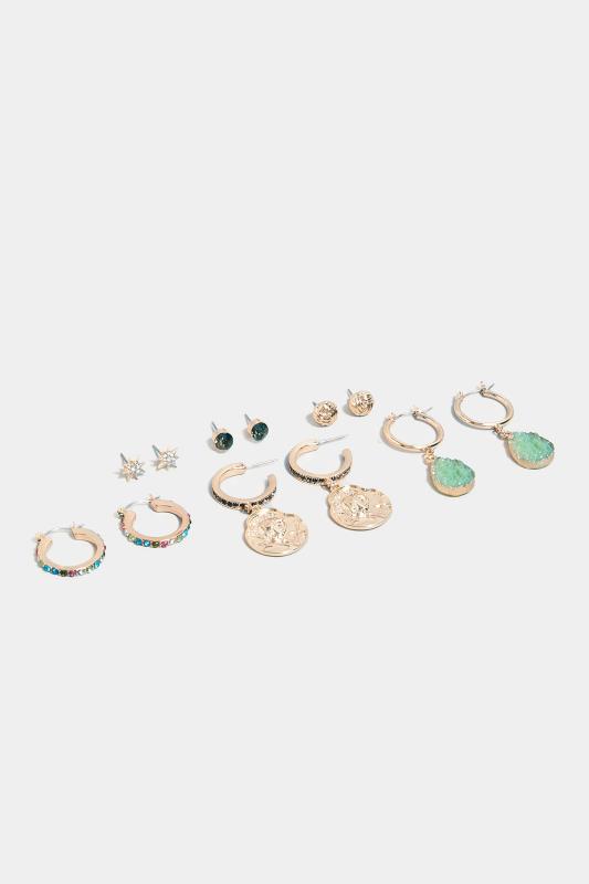 6 PACK Gold Tone Stone Stud & Hoop Earrings | Yours Clothing  4
