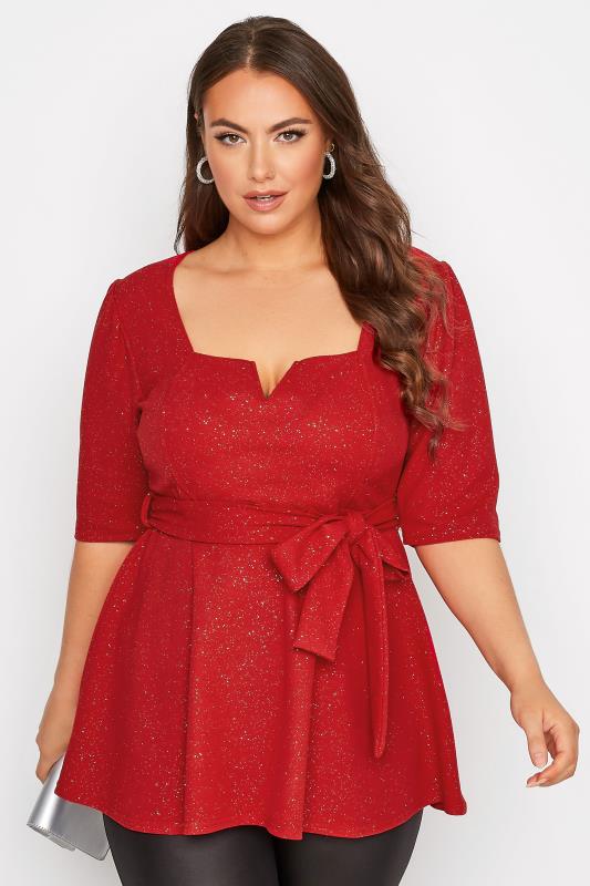 Plus Size  YOURS LONDON Curve Red Glitter Notch Neck Peplum Top