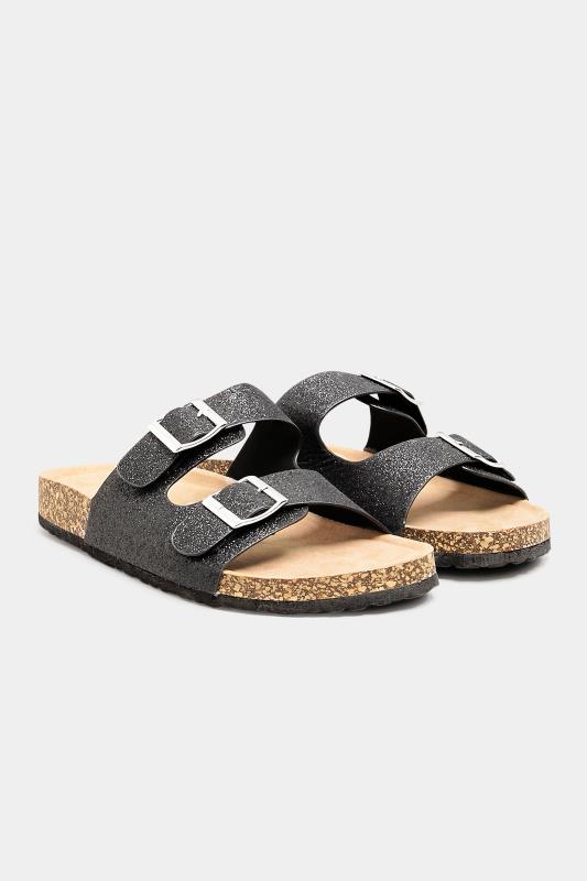 Black Glitter Buckle Strap Footbed Sandals In Extra Wide EEE Fit_A.jpg
