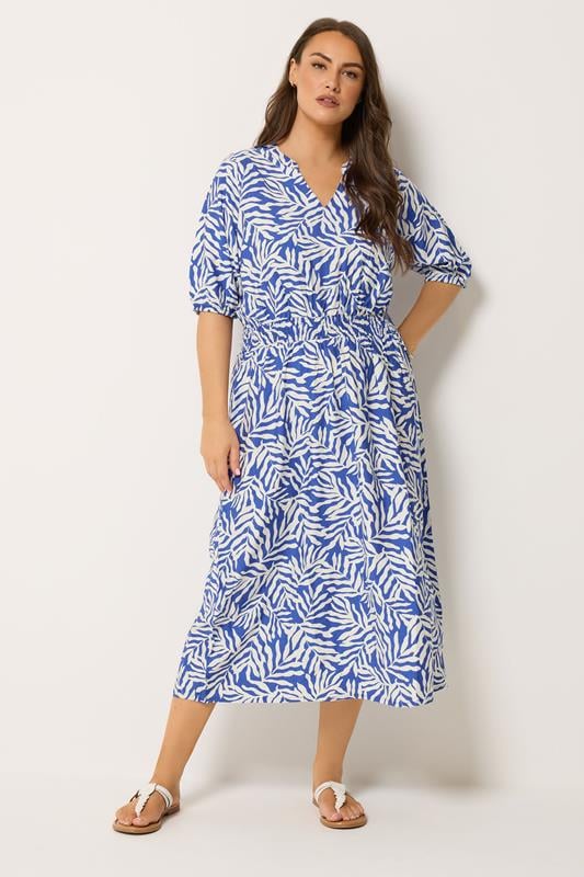  YOURS vestido azul con estampado de hojas y cuello con muesca