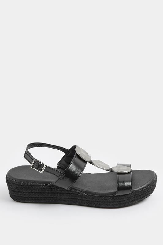 Black Hammered Disk Wedge Sandals In Wide E Fit | Yours Clothing 2